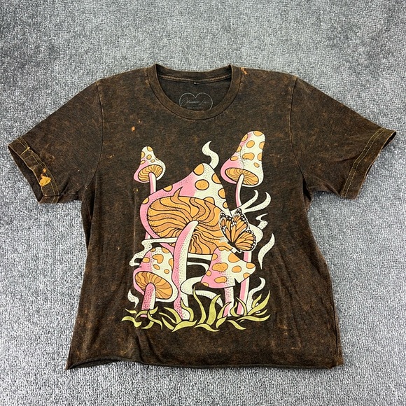 obsessive love Tops - Obsessive Love Short Sleeve Shirt Brown Bleached Acid Mushrooms Womens XS Boho